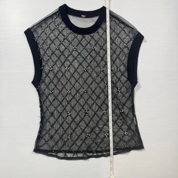 Free People Disco Nights Mesh Beaded Top Black Sheer Rhinestone Festival Unisex - Picture 7 of 16